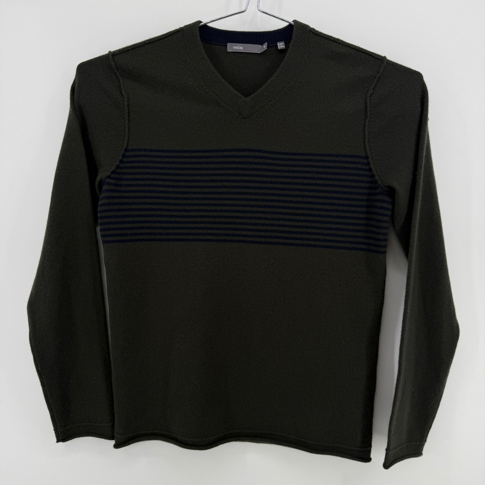Vince Sweater Mens M Green Striped 100% Cashmere V-Neck Rolled Edge Long‎ Sleeve